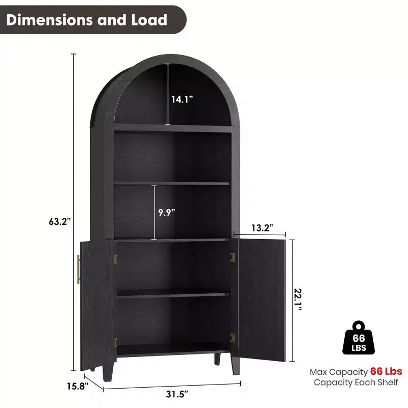 Arched Bookcase with Doors - 5 Tier Open Display Shelf with Rattan Decor, Modern Bookshelf Storage Cabinet for Home Office Living Room Library