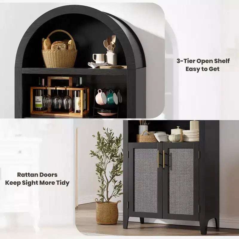 Arched Bookcase with Doors - 5 Tier Open Display Shelf with Rattan Decor, Modern Bookshelf Storage Cabinet for Home Office Living Room Library