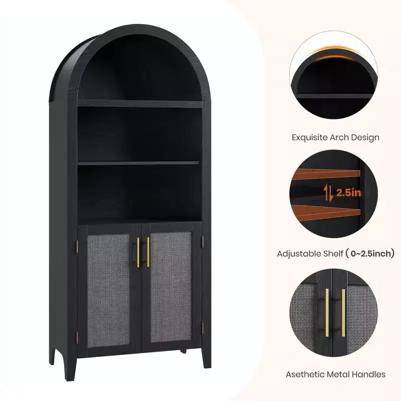 Arched Bookcase with Doors - 5 Tier Open Display Shelf with Rattan Decor, Modern Bookshelf Storage Cabinet for Home Office Living Room Library