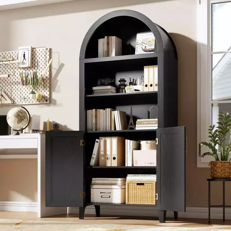 Arched Bookcase with Doors - 5 Tier Open Display Shelf with Rattan Decor, Modern Bookshelf Storage Cabinet for Home Office Living Room Library