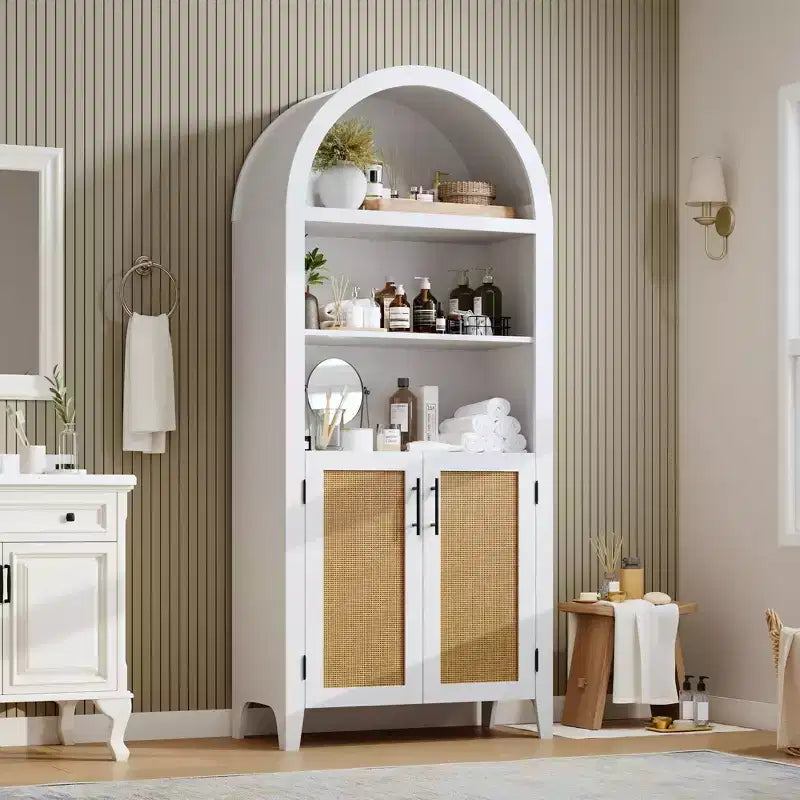Arched Bookcase with Doors - 5 Tier Open Display Shelf with Rattan Decor, Modern Bookshelf Storage Cabinet for Home Office Living Room Library