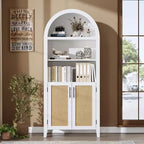 Bibliothèque arquée avec portes - Étagère de présentation ouverte à 5 niveaux avec décor en rotin, Armoire de rangement moderne pour bureau, salon, bibliothèque