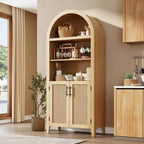 Bibliothèque arquée avec portes - Étagère de présentation ouverte à 5 niveaux avec décor en rotin, Armoire de rangement moderne pour bureau, salon, bibliothèque