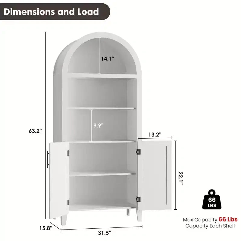 Arched Bookcase with Doors - 5 Tier Open Display Shelf with Rattan Decor, Modern Bookshelf Storage Cabinet for Home Office Living Room Library