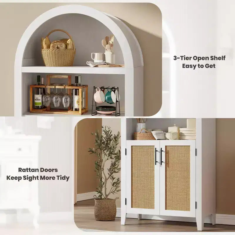 Arched Bookcase with Doors - 5 Tier Open Display Shelf with Rattan Decor, Modern Bookshelf Storage Cabinet for Home Office Living Room Library