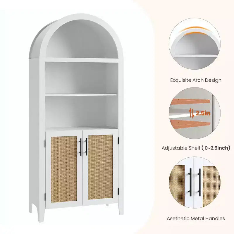 Arched Bookcase with Doors - 5 Tier Open Display Shelf with Rattan Decor, Modern Bookshelf Storage Cabinet for Home Office Living Room Library