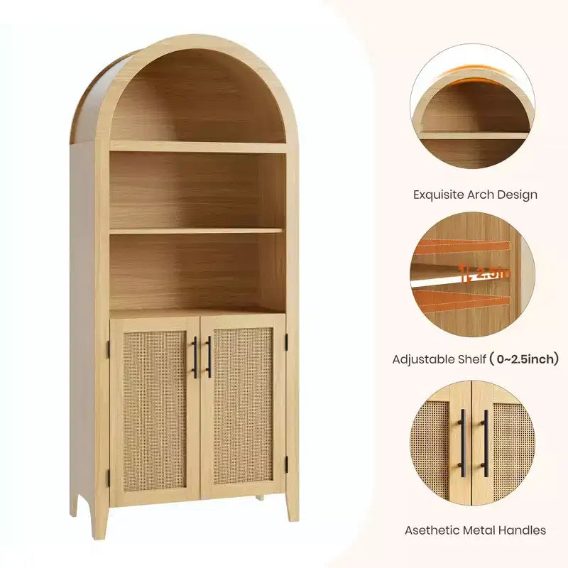 Arched Bookcase with Doors - 5 Tier Open Display Shelf with Rattan Decor, Modern Bookshelf Storage Cabinet for Home Office Living Room Library