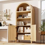 Bibliothèque arquée avec portes - Étagère de présentation ouverte à 5 niveaux avec décor en rotin, Armoire de rangement moderne pour bureau, salon, bibliothèque