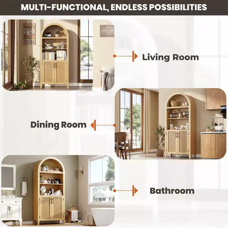 Arched Bookcase with Doors - 5 Tier Open Display Shelf with Rattan Decor, Modern Bookshelf Storage Cabinet for Home Office Living Room Library