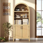 Arched Bookcase with Doors - 5 Tier Open Display Shelf with Rattan Decor, Modern Bookshelf Storage Cabinet for Home Office Living Room Library