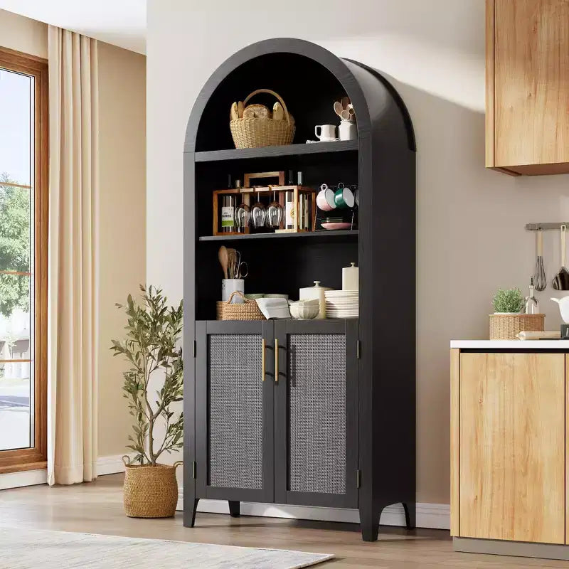 Arched Bookcase with Doors - 5 Tier Open Display Shelf with Rattan Decor, Modern Bookshelf Storage Cabinet for Home Office Living Room Library