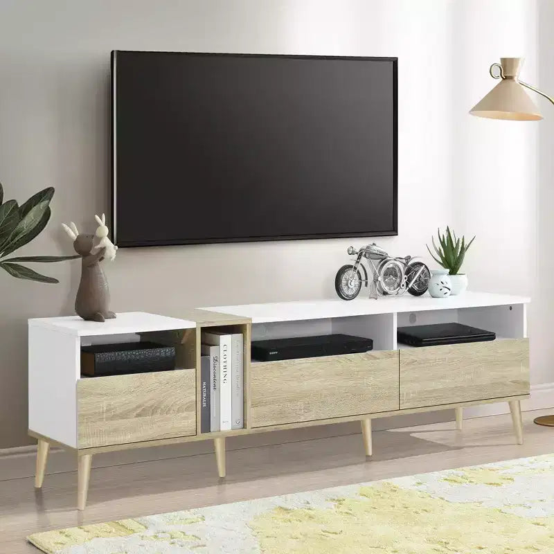 Modern TV Stand with Drawers for 80 TV, Media Console Table with Storage, TV Storage Cabinet with Open Shelves for Living Room, White