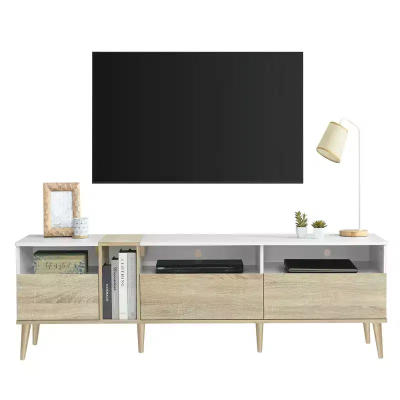 Modern TV Stand with Drawers for 80 TV, Media Console Table with Storage, TV Storage Cabinet with Open Shelves for Living Room, White