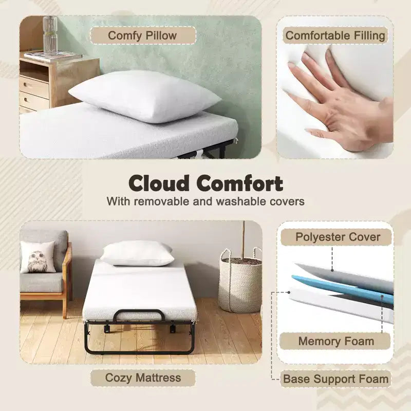 Folding Bed with Mattress 75 x 39 Twin Size Rollaway Adult Bed with Memory Foam Mattress & Pillow