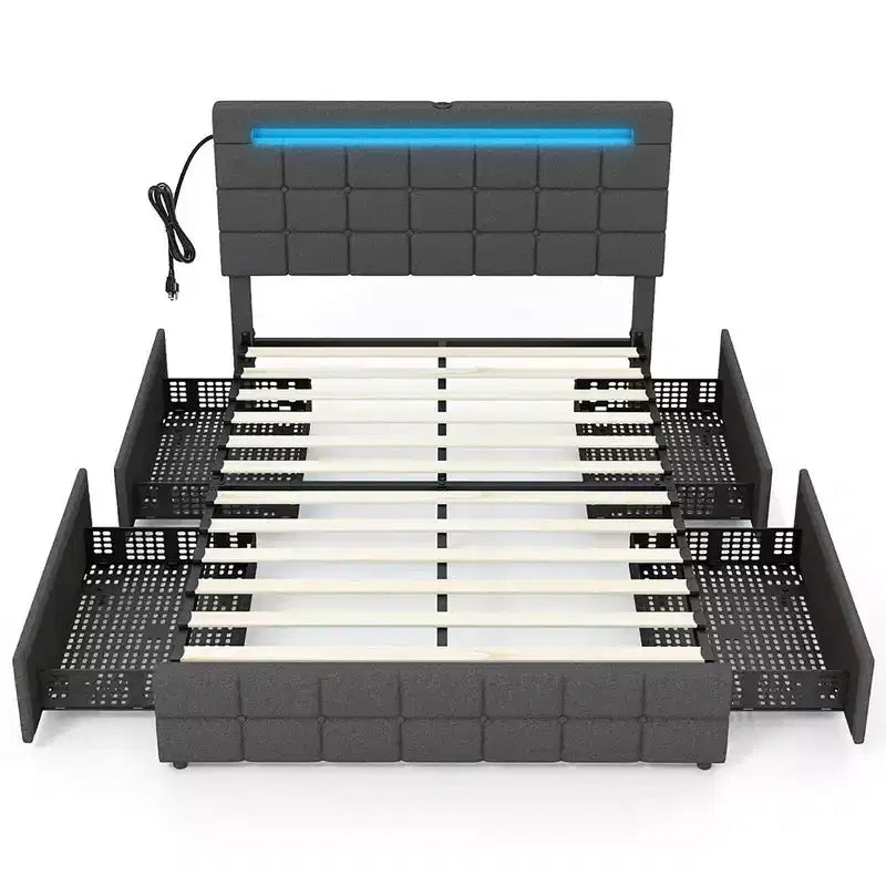 Full Upholstered Platform Bed with LED Headboard Charging Station Storage Drawer