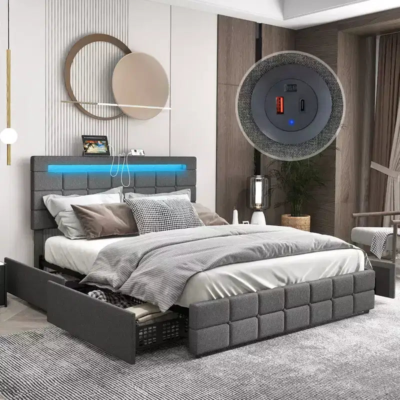 Full Upholstered Platform Bed with LED Headboard Charging Station Storage Drawer
