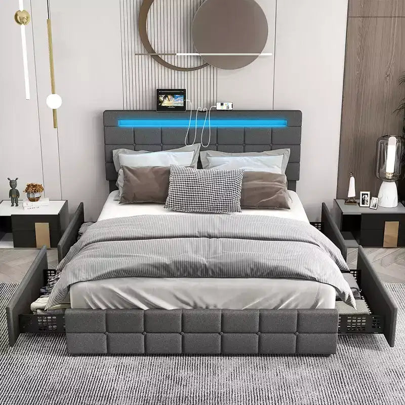 Full Upholstered Platform Bed with LED Headboard Charging Station Storage Drawer