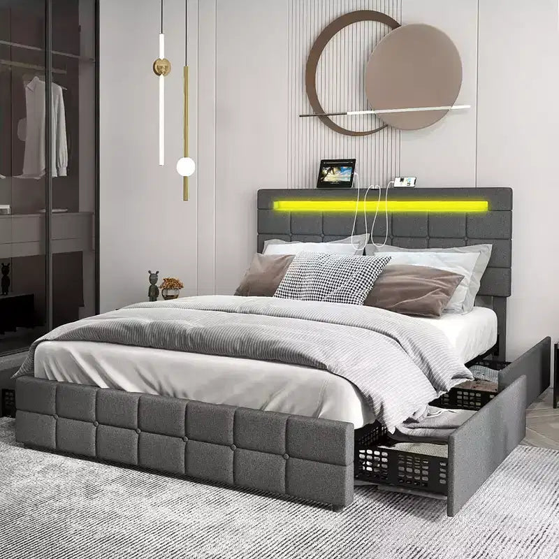 Full Upholstered Platform Bed with LED Headboard Charging Station Storage Drawer