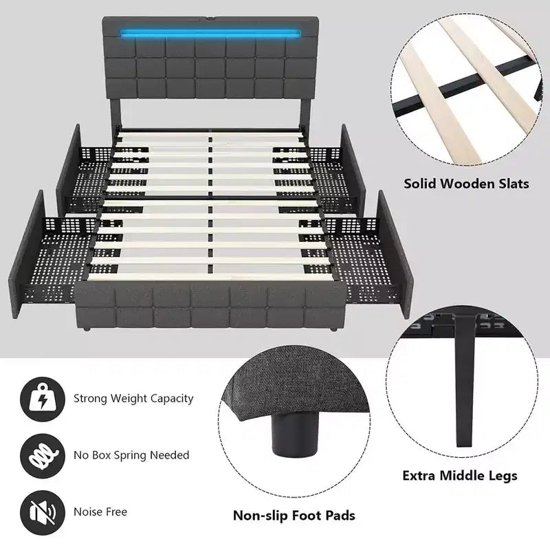 Full Upholstered Platform Bed with LED Headboard Charging Station Storage Drawer