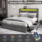Lit plateforme entièrement rembourré avec tête de lit LED, station de charge et tiroir de rangement