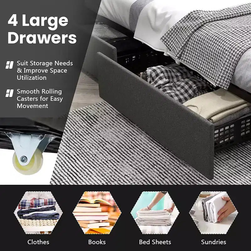 Full Upholstered Platform Bed with LED Headboard Charging Station Storage Drawer