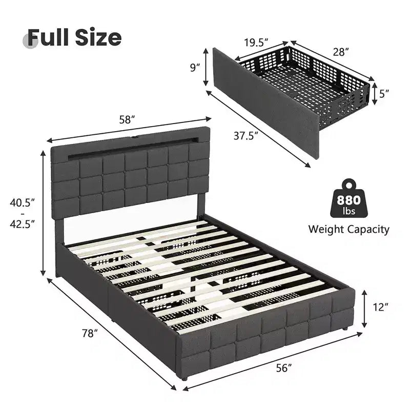 Full Upholstered Platform Bed with LED Headboard Charging Station Storage Drawer