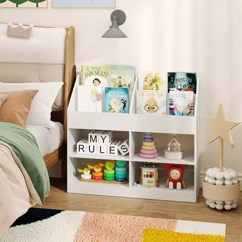 3-Tier Kid's Bookshelf w/Display Rack & 4 Compartments for Kids Room Playroom