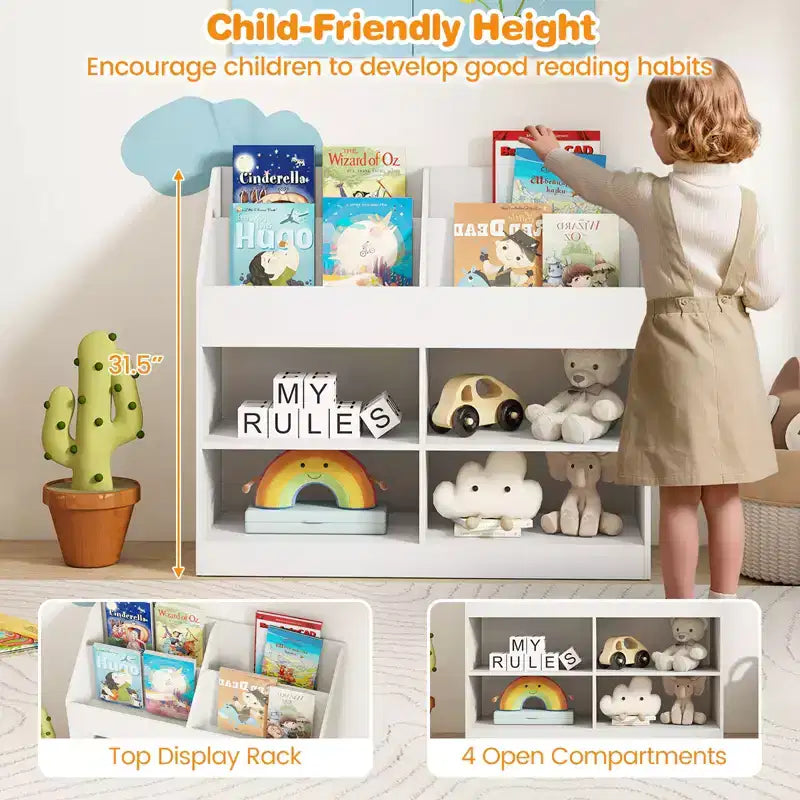 3-Tier Kid's Bookshelf w/Display Rack & 4 Compartments for Kids Room Playroom