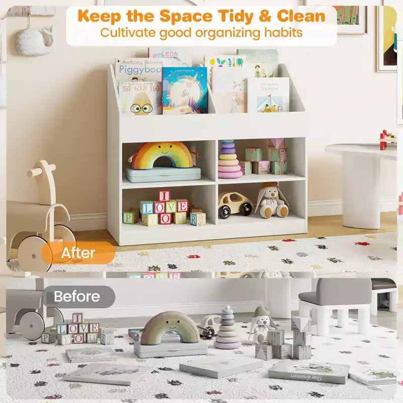 3-Tier Kid's Bookshelf w/Display Rack & 4 Compartments for Kids Room Playroom