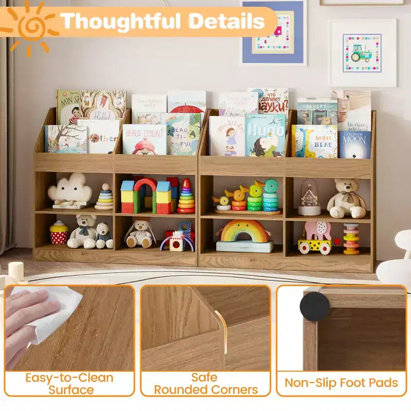 3-Tier Kid's Bookshelf w/Display Rack & 4 Compartments for Kids Room Playroom