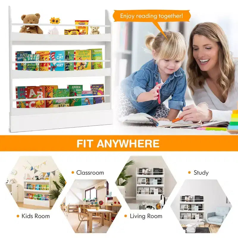 3-Tier Kids Bookshelf Toy Storage Bookcase Rack Wall w/ Anti-toppling Kits