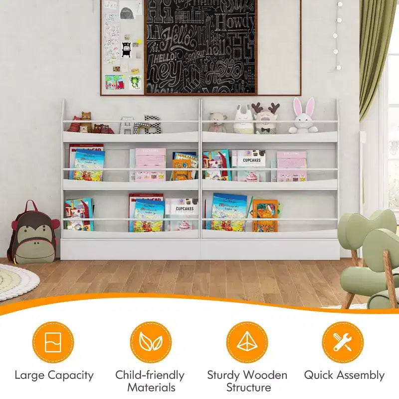 3-Tier Kids Bookshelf Toy Storage Bookcase Rack Wall w/ Anti-toppling Kits