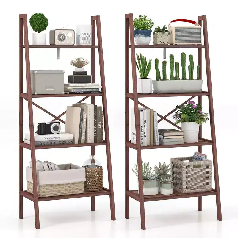 4-Tier Bamboo Ladder Bookshelf Rustic Bookcase Floor Standing Shelving Unit Book Shelf Storage Organizer