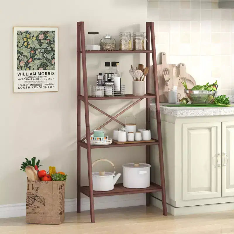 4-Tier Bamboo Ladder Bookshelf Rustic Bookcase Floor Standing Shelving Unit Book Shelf Storage Organizer