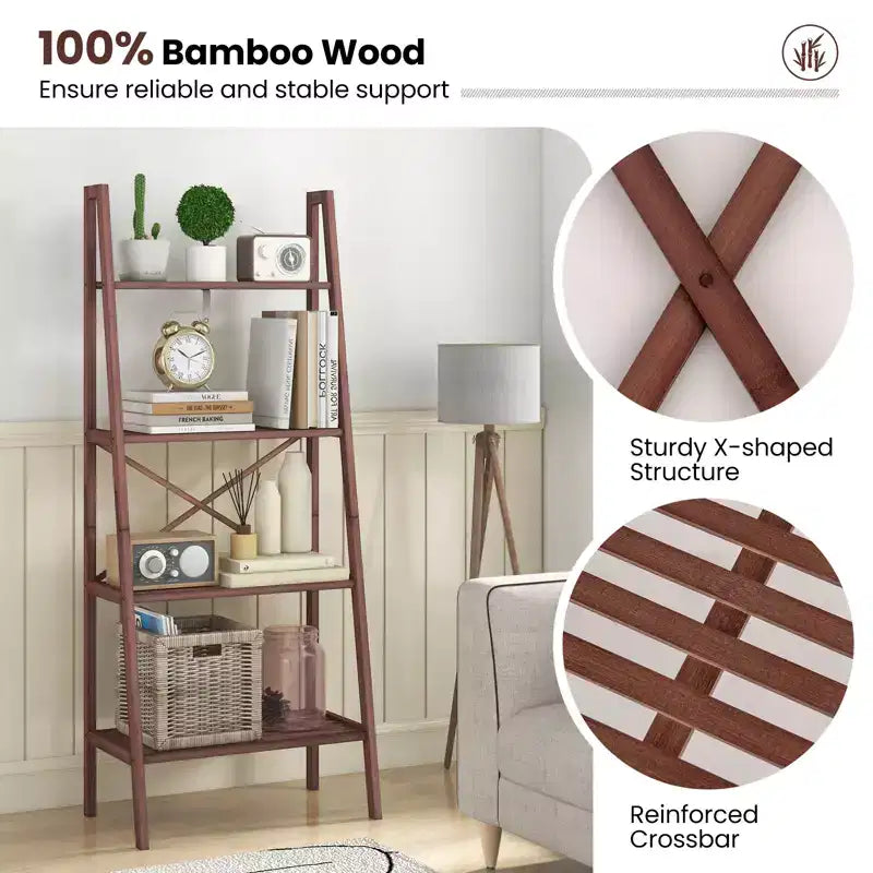 4-Tier Bamboo Ladder Bookshelf Rustic Bookcase Floor Standing Shelving Unit Book Shelf Storage Organizer