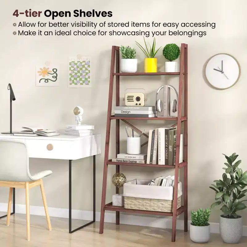 4-Tier Bamboo Ladder Bookshelf Rustic Bookcase Floor Standing Shelving Unit Book Shelf Storage Organizer