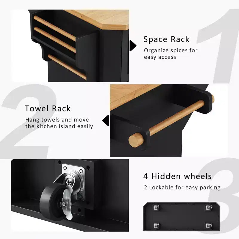 Kitchen Island with Drop Leaf and Wheels, Kitchen Storage Cart with Drawers and Storage Rack, Rolling Kitchen Island with Power Outlet