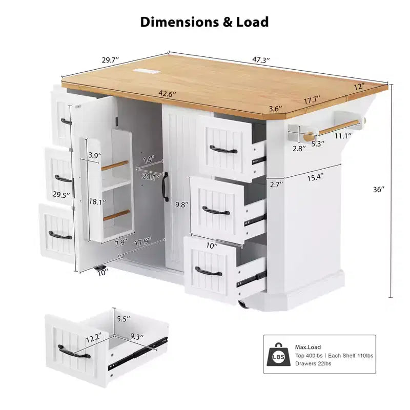 Kitchen Island with Drop Leaf and Wheels, Kitchen Storage Cart with Drawers and Storage Rack, Rolling Kitchen Island with Power Outlet
