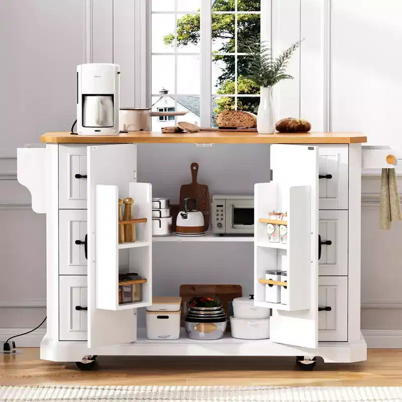 Kitchen Island with Drop Leaf and Wheels, Kitchen Storage Cart with Drawers and Storage Rack, Rolling Kitchen Island with Power Outlet