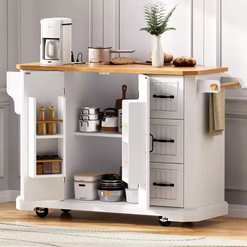 Kitchen Island with Drop Leaf and Wheels, Kitchen Storage Cart with Drawers and Storage Rack, Rolling Kitchen Island with Power Outlet