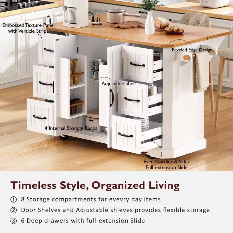 Kitchen Island with Drop Leaf and Wheels, Kitchen Storage Cart with Drawers and Storage Rack, Rolling Kitchen Island with Power Outlet