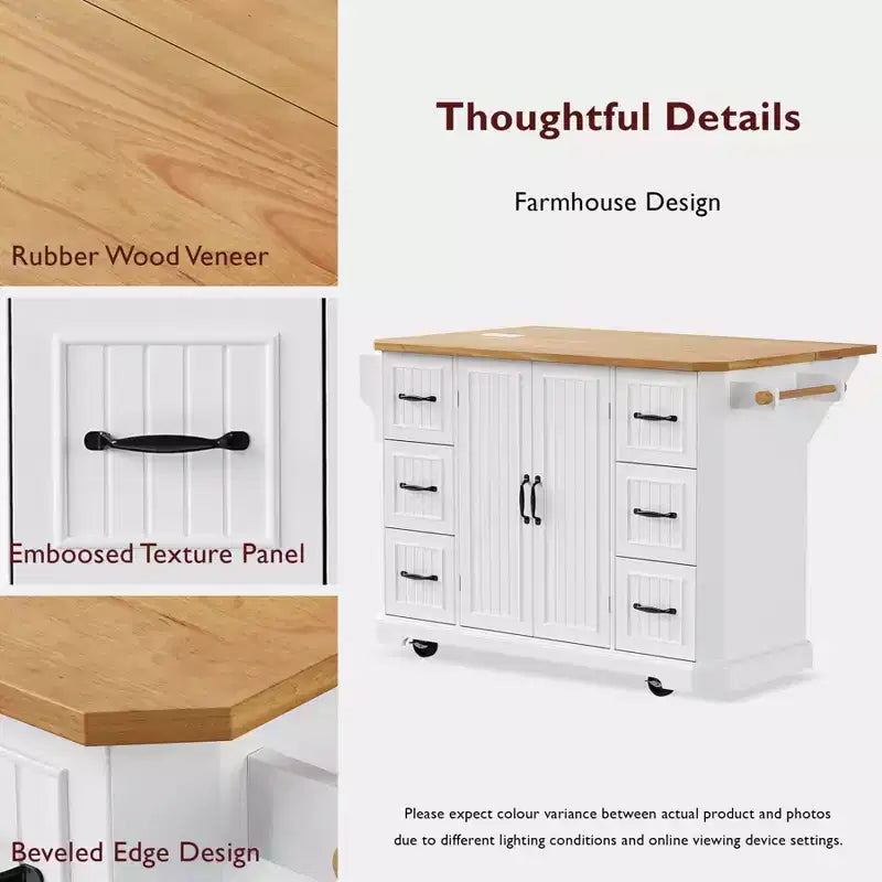 Kitchen Island with Drop Leaf and Wheels, Kitchen Storage Cart with Drawers and Storage Rack, Rolling Kitchen Island with Power Outlet