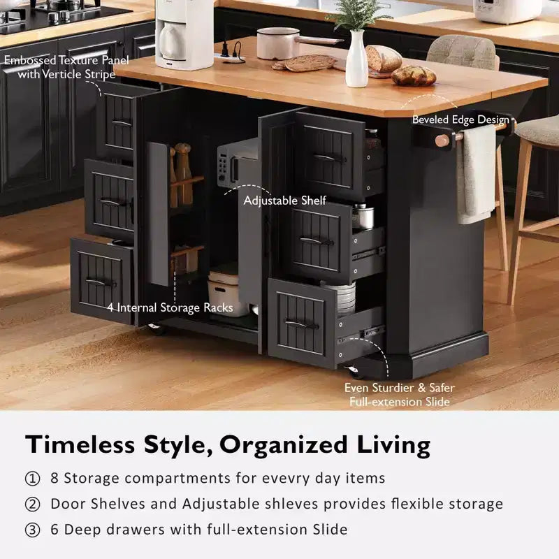 Kitchen Island with Drop Leaf and Wheels, Kitchen Storage Cart with Drawers and Storage Rack, Rolling Kitchen Island with Power Outlet