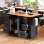 Kitchen Island with Drop Leaf and Wheels, Kitchen Storage Cart with Drawers and Storage Rack, Rolling Kitchen Island with Power Outlet
