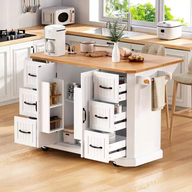 Kitchen Island with Drop Leaf and Wheels, Kitchen Storage Cart with Drawers and Storage Rack, Rolling Kitchen Island with Power Outlet