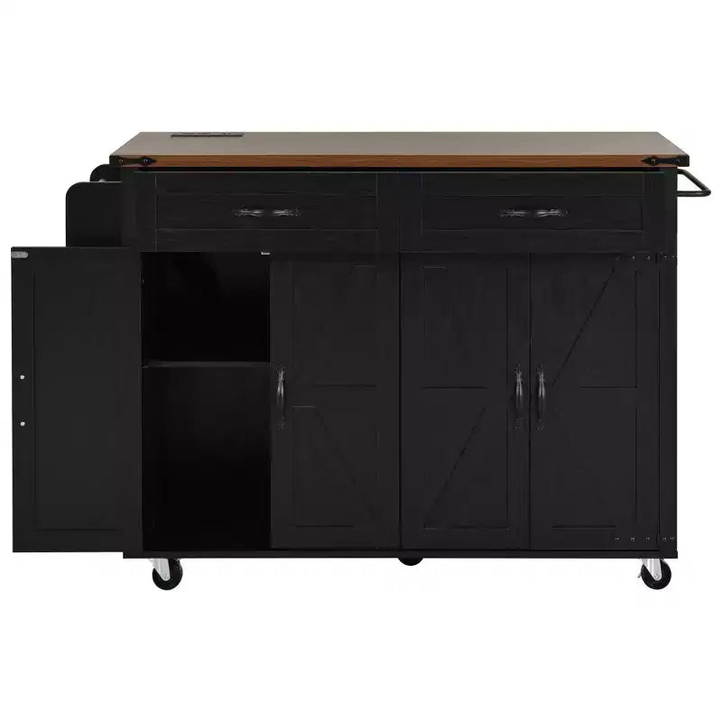 Farmhouse Kitchen Island with Power Outlet, Kitchen Storage Island with Drop Leaf, Spice Rack and Drawer, Rolling Kitchen Cart on Wheels