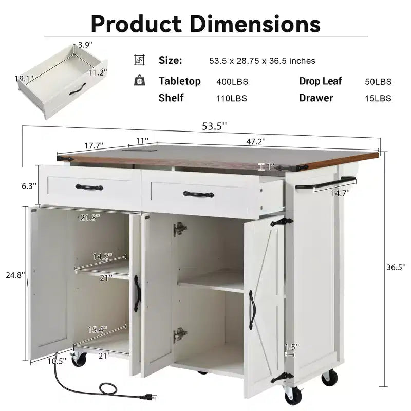 Farmhouse Kitchen Island with Power Outlet, Kitchen Storage Island with Drop Leaf, Spice Rack and Drawer, Rolling Kitchen Cart on Wheels