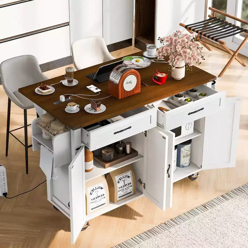 Farmhouse Kitchen Island with Power Outlet, Kitchen Storage Island with Drop Leaf, Spice Rack and Drawer, Rolling Kitchen Cart on Wheels