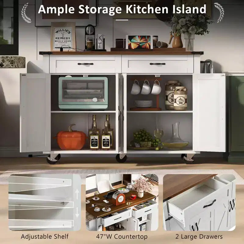 Farmhouse Kitchen Island with Power Outlet, Kitchen Storage Island with Drop Leaf, Spice Rack and Drawer, Rolling Kitchen Cart on Wheels
