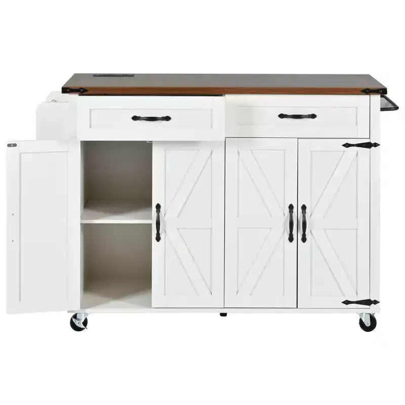 Farmhouse Kitchen Island with Power Outlet, Kitchen Storage Island with Drop Leaf, Spice Rack and Drawer, Rolling Kitchen Cart on Wheels